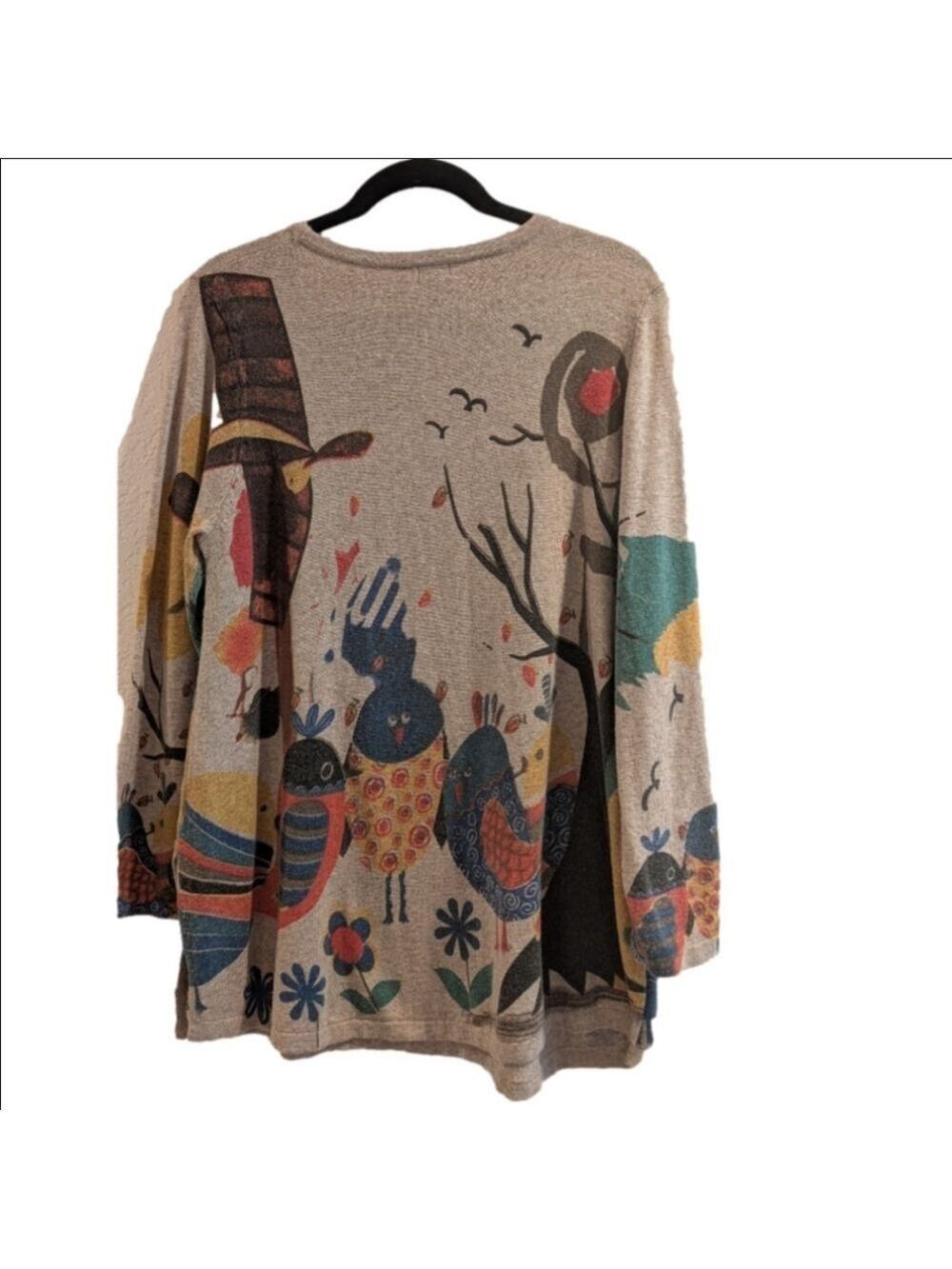 Shana Wearible Art Crew Neck Sweater, Light Beige Color And Birds,Size Medium. - Picture 3 of 6